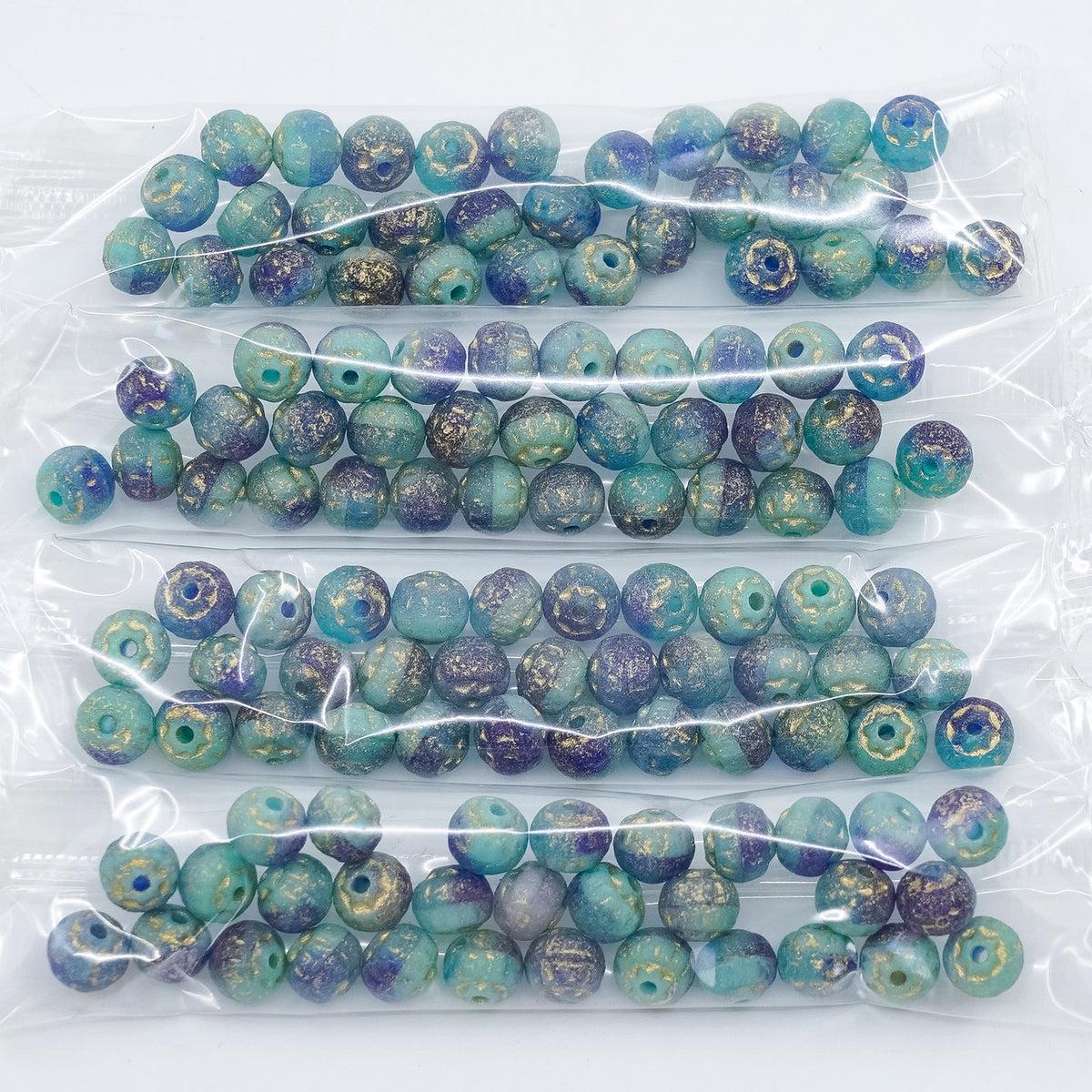 OUTLET 10 grams Cathedral Pressed Beads, 6 x 7 mm, Turquoise Blue Etched Gold Lined (r0004-etch-54302), Glass, Czech Republic