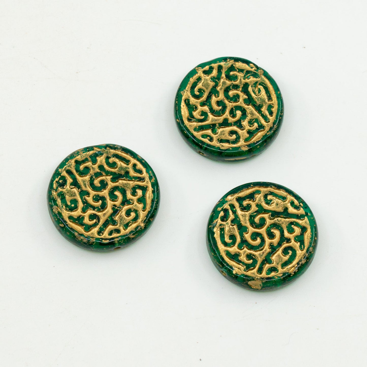 アウトレット 10グラム ラウンドコイン(飾り付き)プレスビーズ、20 x 20 mm、50170 ゴールドライニング(50170-54302)、ガラス、チェコ共和国