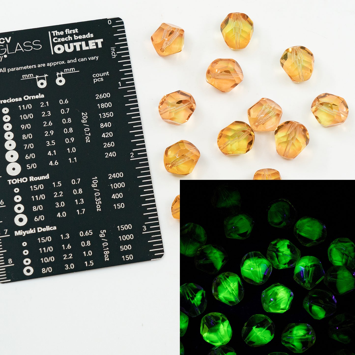 奥特莱斯 10 克多面圆形火抛光珠,12 x 10 毫米,橙黄色铀 (87701),玻璃,捷克共和国