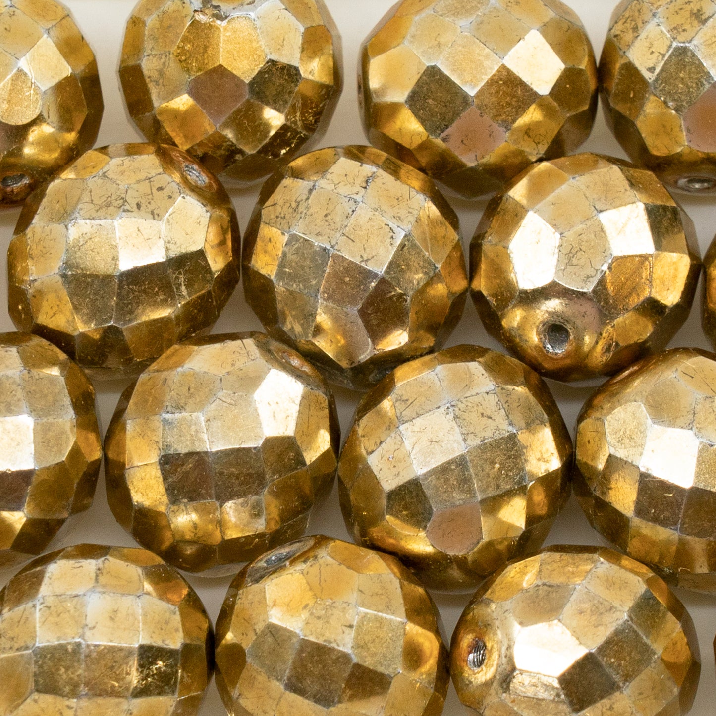 アウトレット 10グラム ファセットラウンドファイアポリッシュビーズ、16 x 16 mm、クリスタルゴールド(00030-26443)、ガラス、チェコ共和国