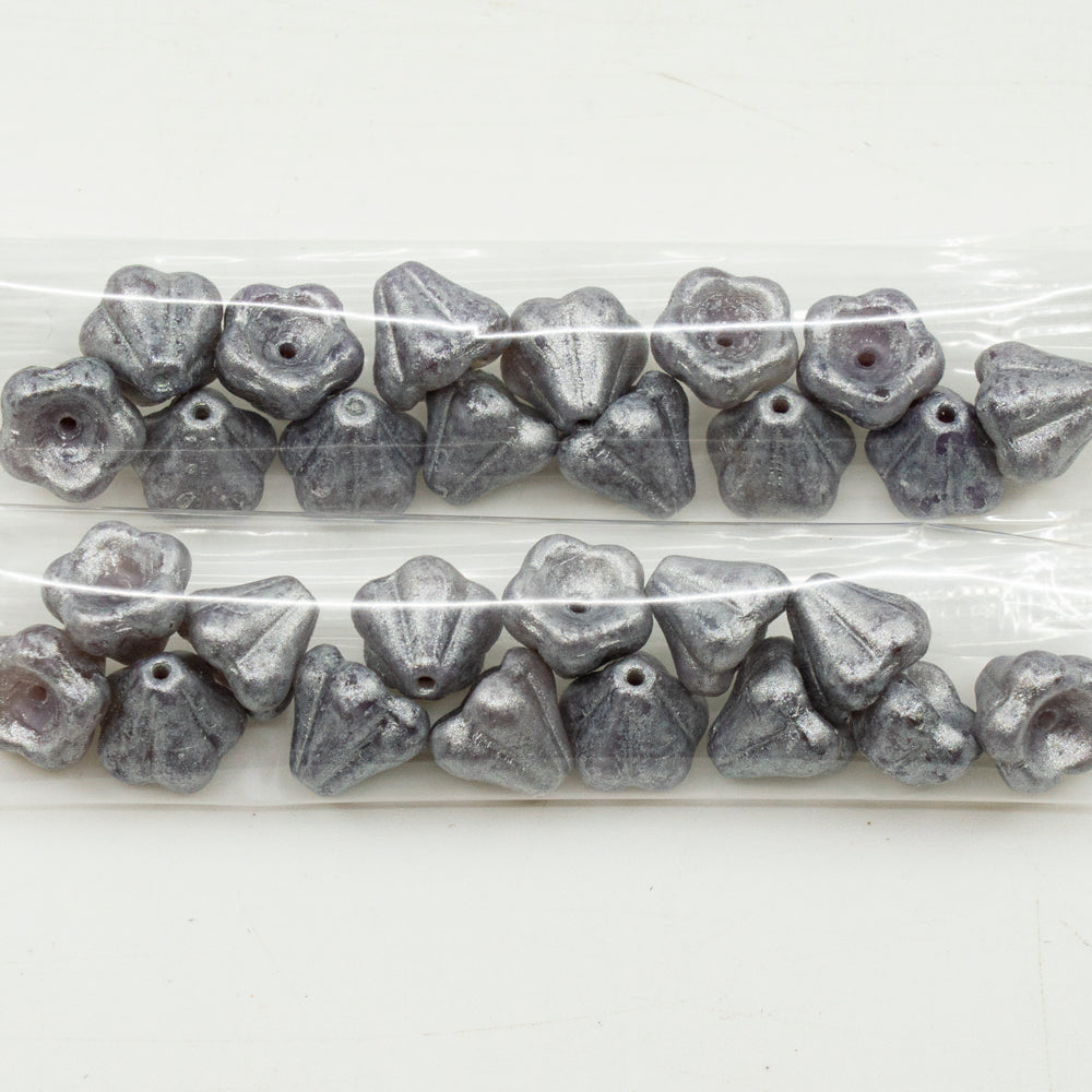 OUTLET 10 grams Bell Flower Beads, 8 x 10 mm, Lavender Dristex Silver Splash (26013-D0202), Glass, Czech Republic