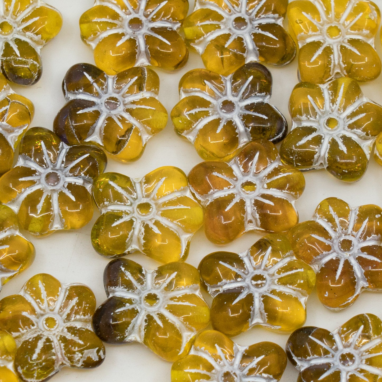 奥特莱斯 10克花朵压制玻璃珠,14 x 12毫米,透明黄色透明浅紫水晶白色内衬 (80020-20040-46401),玻璃,捷克共和国