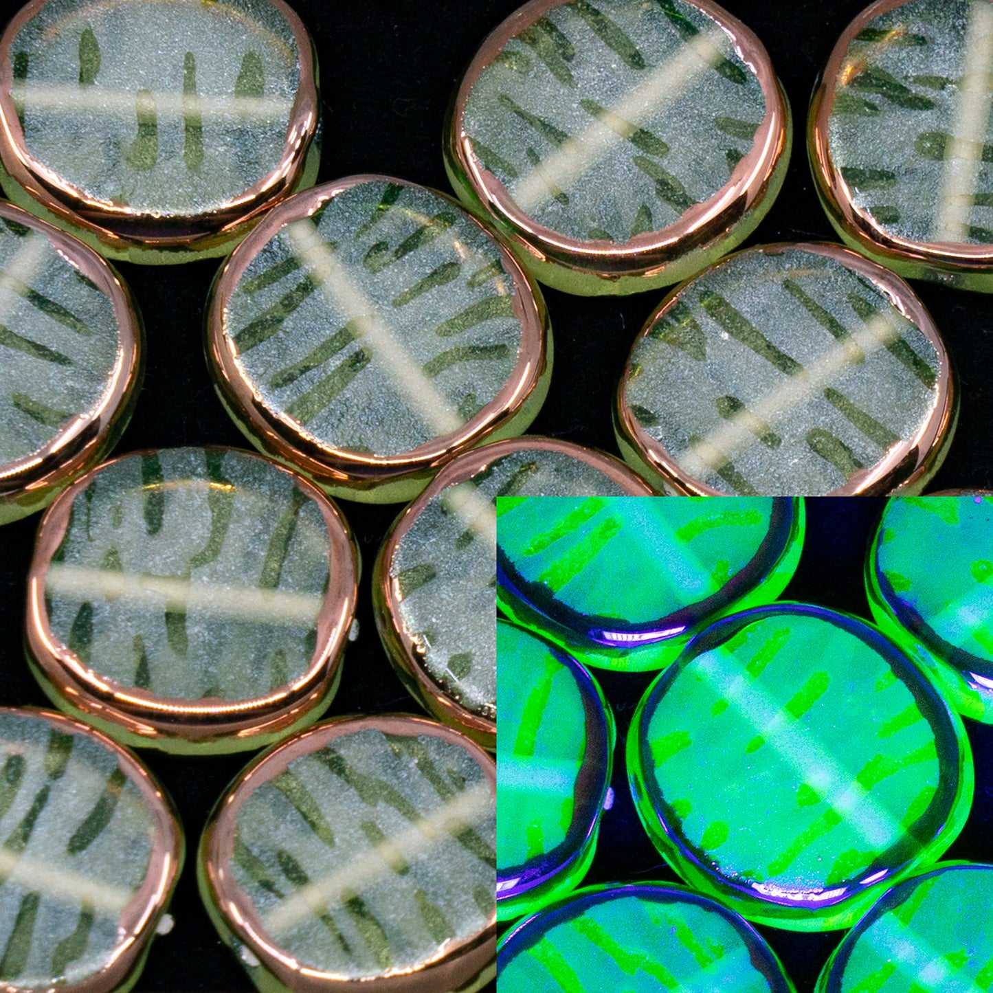 OUTLET 1 pcs Lampwork Flat Round Beads, 14 x 14 mm, Transparent Yellow Stripes Bronze (80130-st-b), Glass, Czech Republic