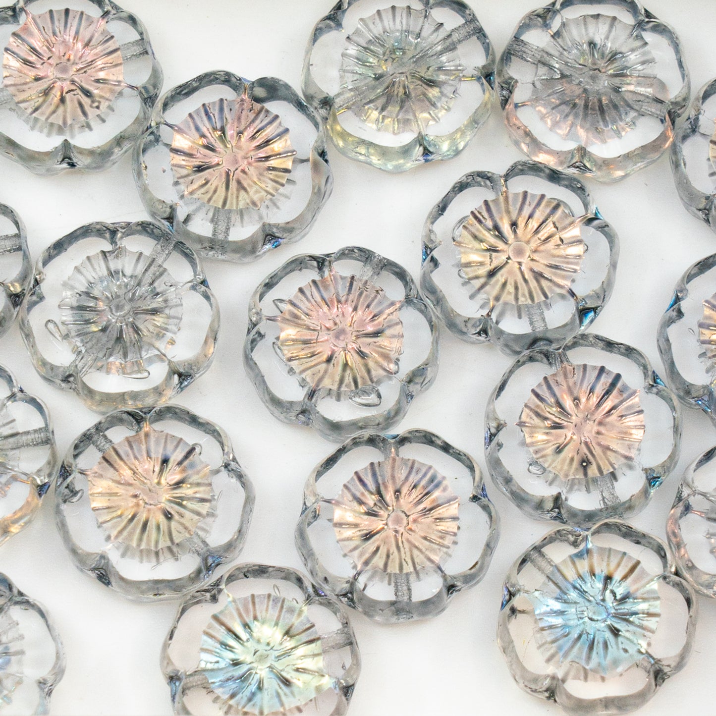 OUTLET 50 grams Table Cut Hawaii Flower Beads, 14 x 14 mm, Crystal Ab Light Gray (00030-28701-34311), Glass, Czech Republic