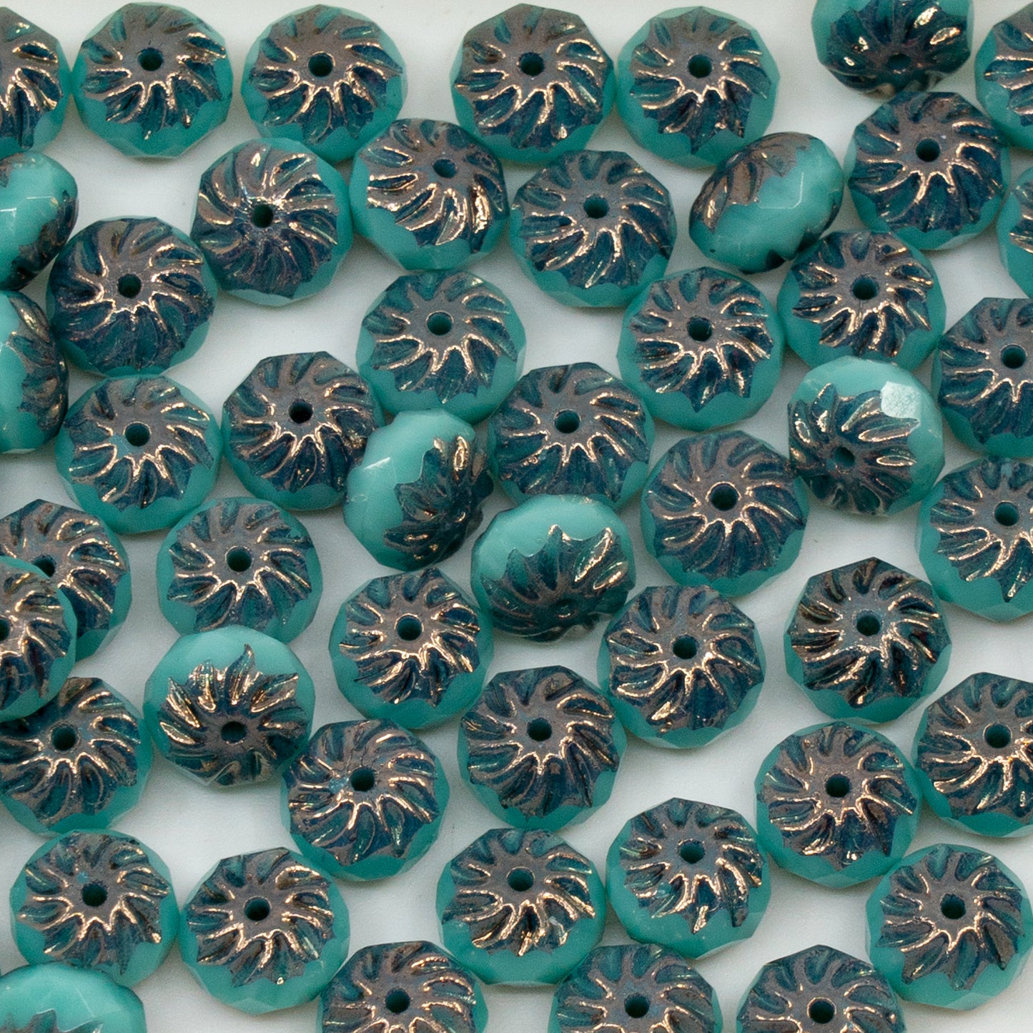 OUTLET 10g Special Cut Faceted Fire Polished Beads, 5 x 8 mm, Turquise Bronze (63120-14415), Glass, Czech Republic