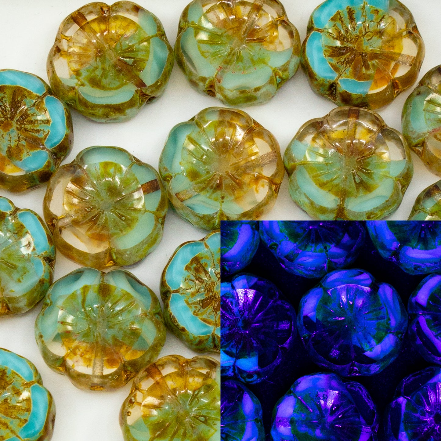 OUTLET 250g/50g Table Cut Hawaii Flower Beads, 14 x 14 mm, Crystal Turquoise Travertin (56118-86800), Glass, Czech Republic