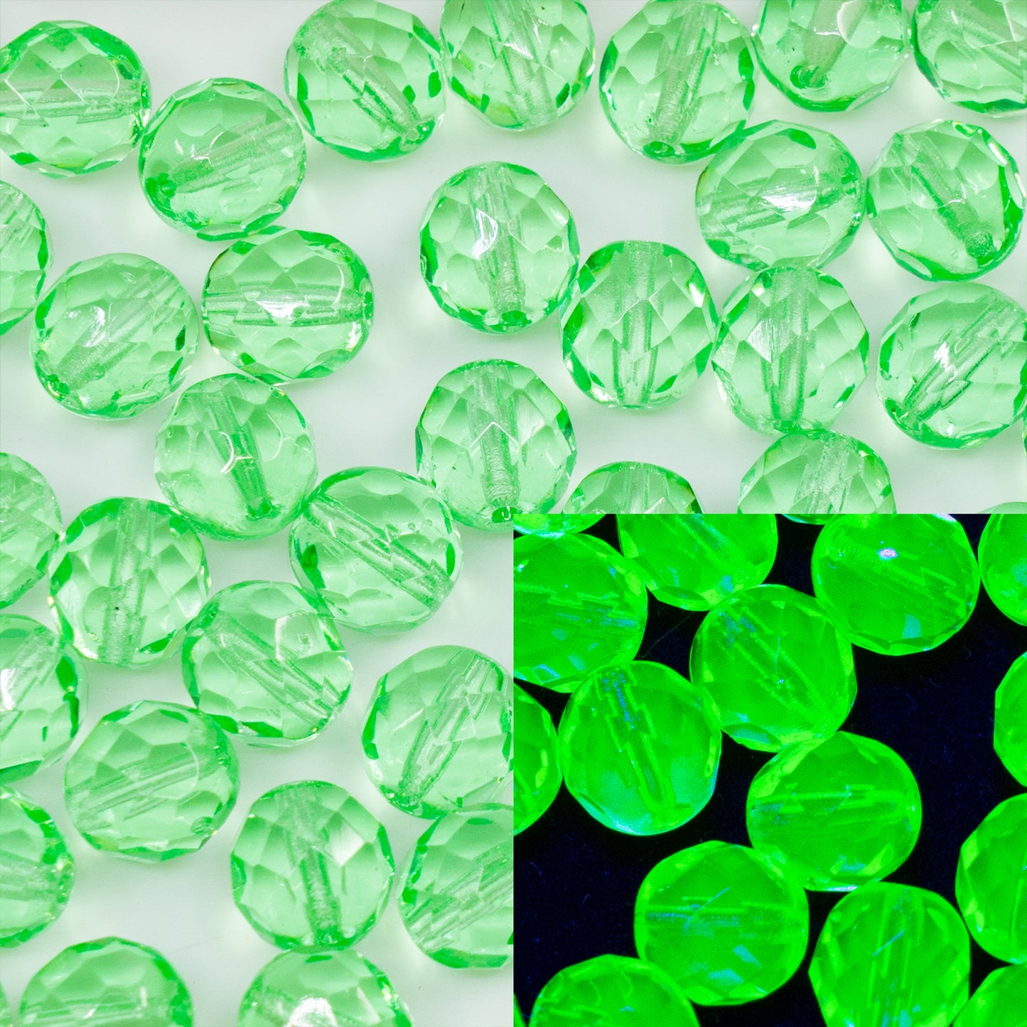 OUTLET 250g/50g Faceted Round Fire Polished Beads, 8 x 8 mm, Transparent Green (50800), Glass, Czech Republic