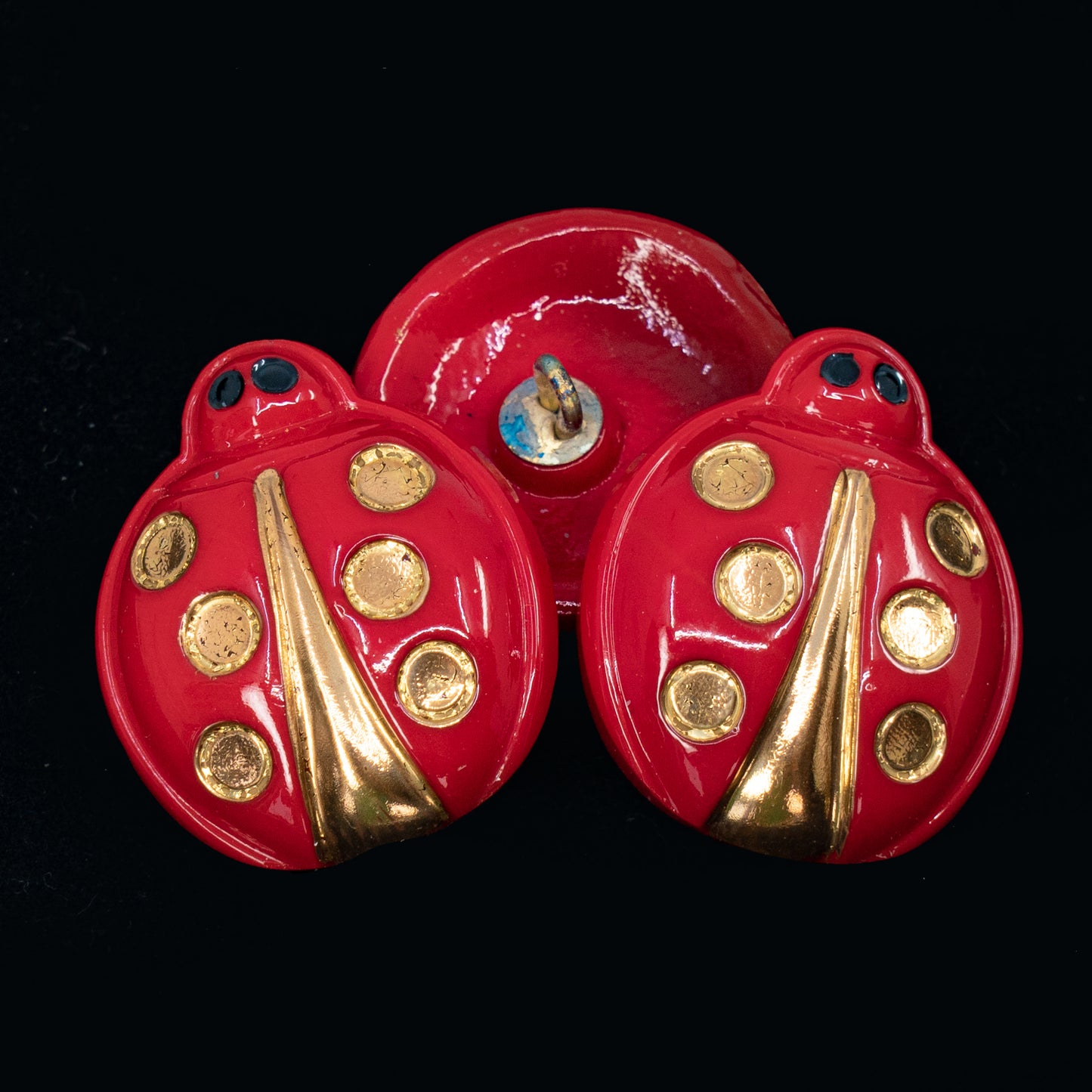 OUTLET 1 pcs Czech Glass Handmade Button, s12 x 27 mm, Gold Red Ladybird (gold-red-ladyb), Glass, Czech Republic