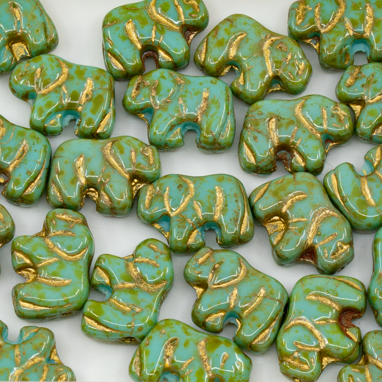 OUTLET 250g Small Elephant Beads, 15 x 11 mm, Turquoise Travertin Gold Lined (63130-86800-54302), Glass, Czech Republic
