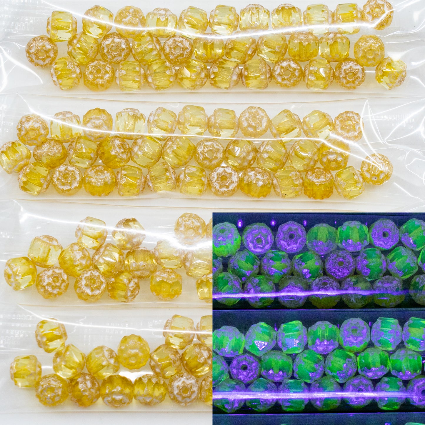 OUTLET 10 grams Cathedral Faceted Fire Polished Beads, 6 x 6 mm, Transparent Yellow Antique Silver Patina (80130-81002), Glass, Czech Republic