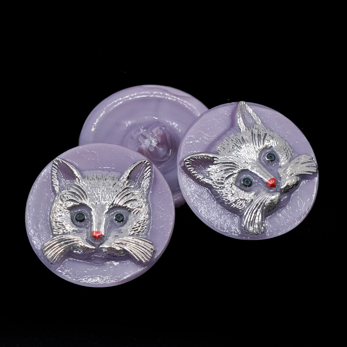 OUTLET 1 pcs Pressed Beads, s12 x mm, Purple with silver cat (lver), Glass, Czech Republic
