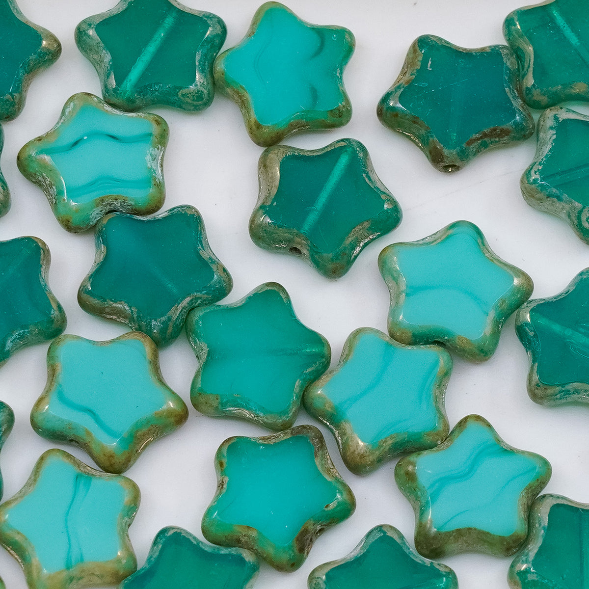 OUTLET grams Table Cut Star Beads, 12 x 12 mm, Opal Emerald Picasso (52050-43400), Glass, Czech Republic