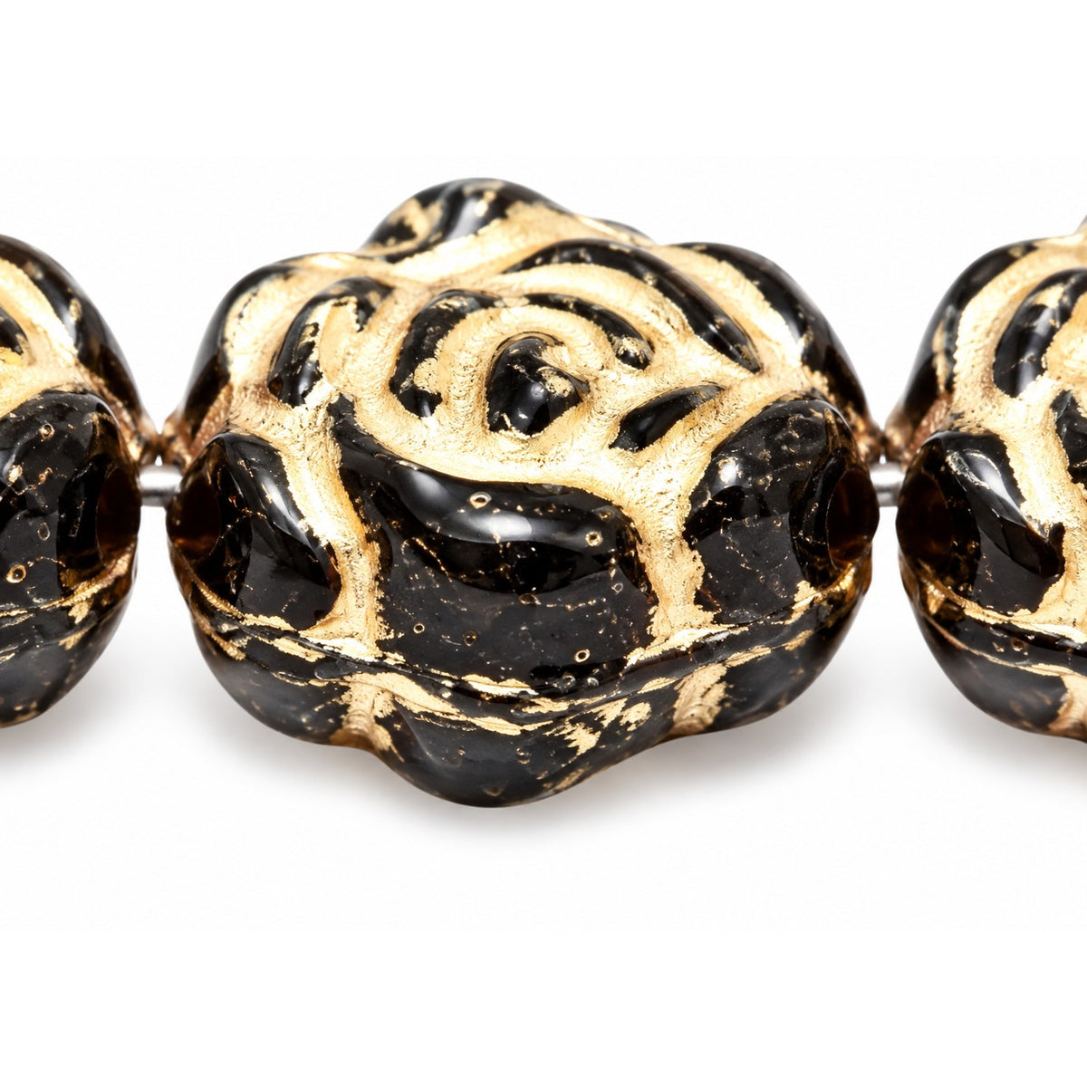 Flat Rose Flower Beads, Black Gold Lined (23980-54202), Glass, Czech Republic
