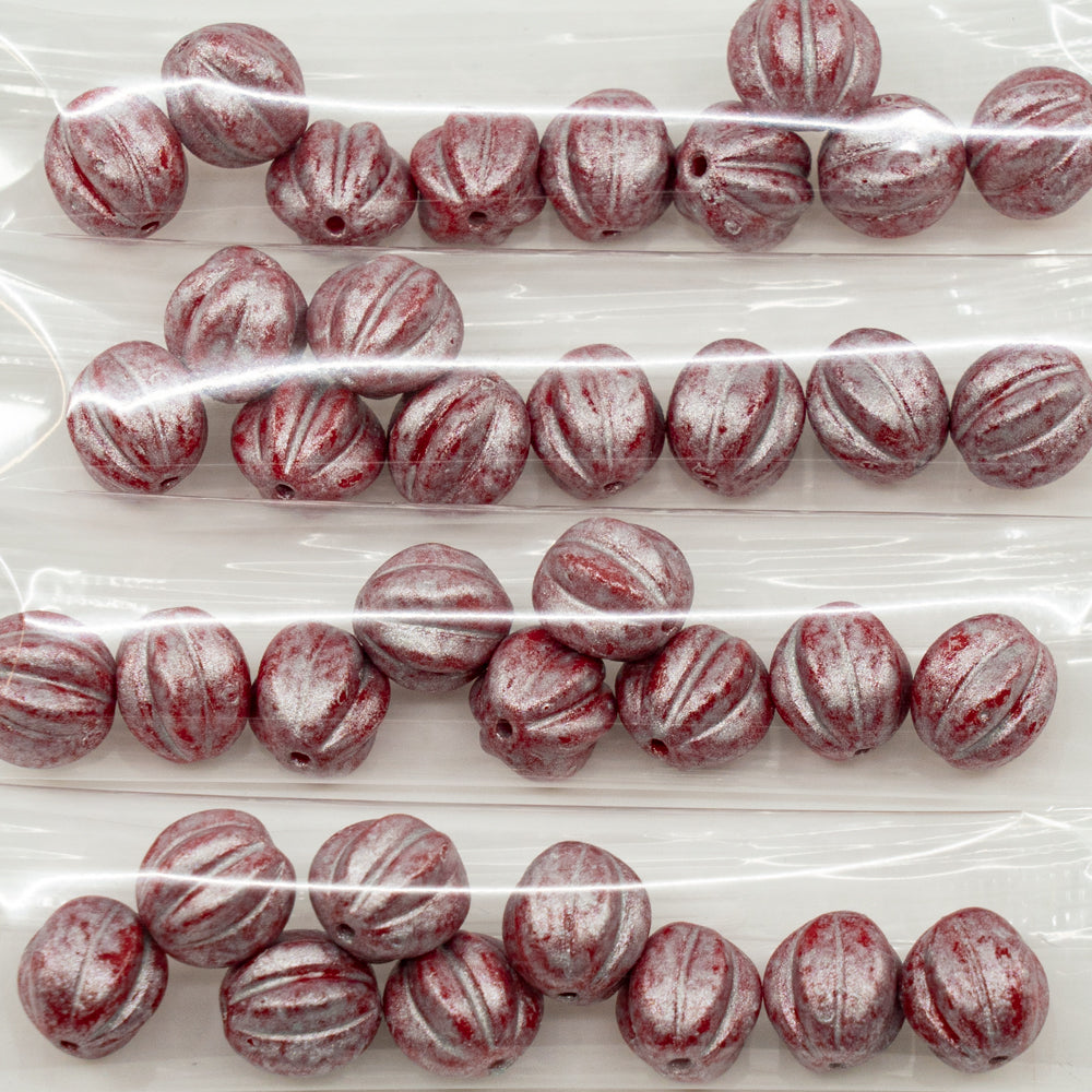 OUTLET 10 grams Melon Beads, 10 x 10 mm, Red Dristex Silver Splash (93180-D0202), Glass, Czech Republic