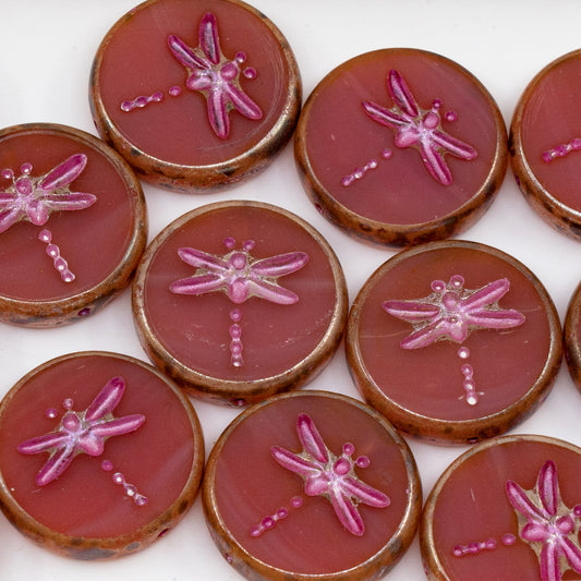 OUTLET 10 grams Table Cut Dragonfly Beads, 17 x 17 mm, Opaque Pink Picasso Pink Lined (73010-43400-54321), Glass, Czech Republic