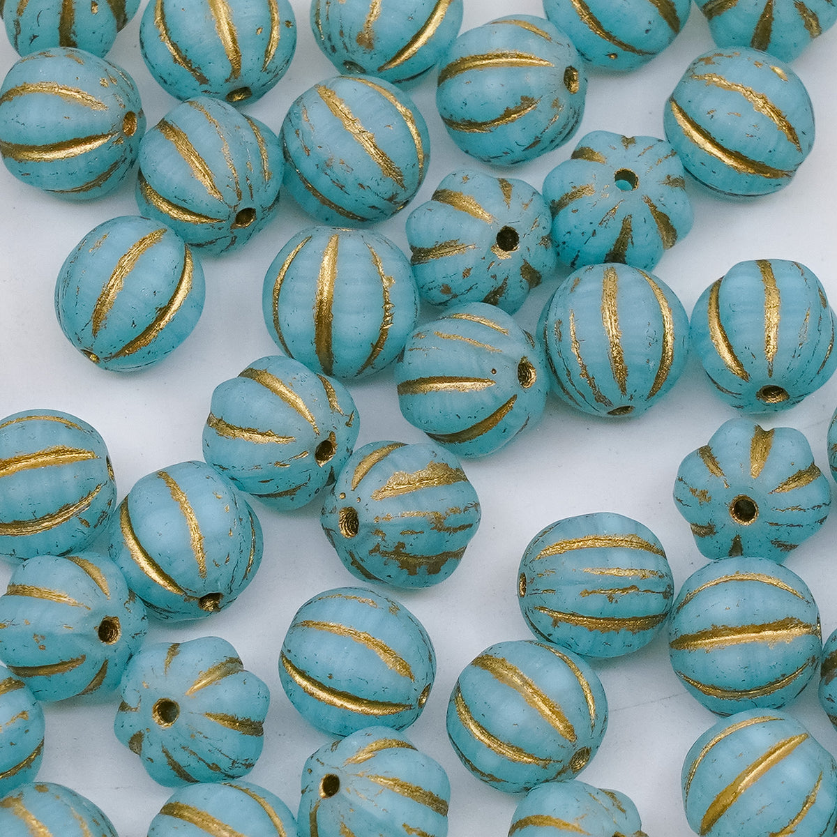 OUTLET 250g/50g Melon Beads, 8 x 8 mm, Blue Matte Gold Lined (r0641-84100-54302), Glass, Czech Republic