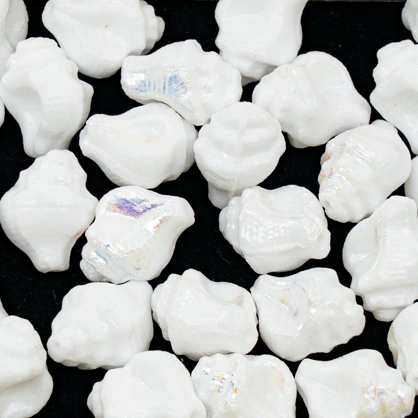 OUTLET 10 grams Murex Shell Beads, 15 x 12 mm, White AB, Glass, Czech Republic