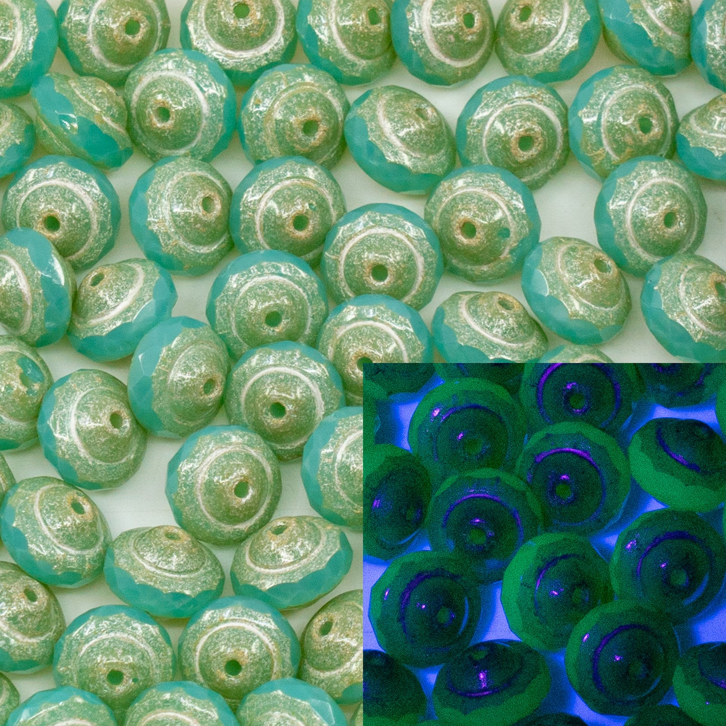 OUTLET 10g Faceted Special Cut Beads, 6 x 8 mm, Opal Aqua Antique Silver Patina (61100-81002), Glass, Japan