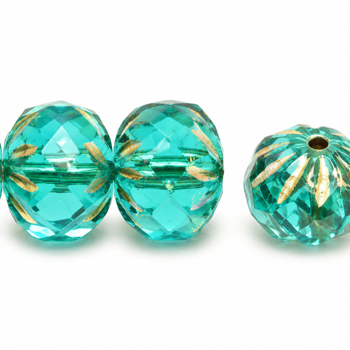 Spiral Rondelle Faceted Fire Polish Beads, Transparent Aqua Gold Lined (60140-54202), Glass, Czech Republic