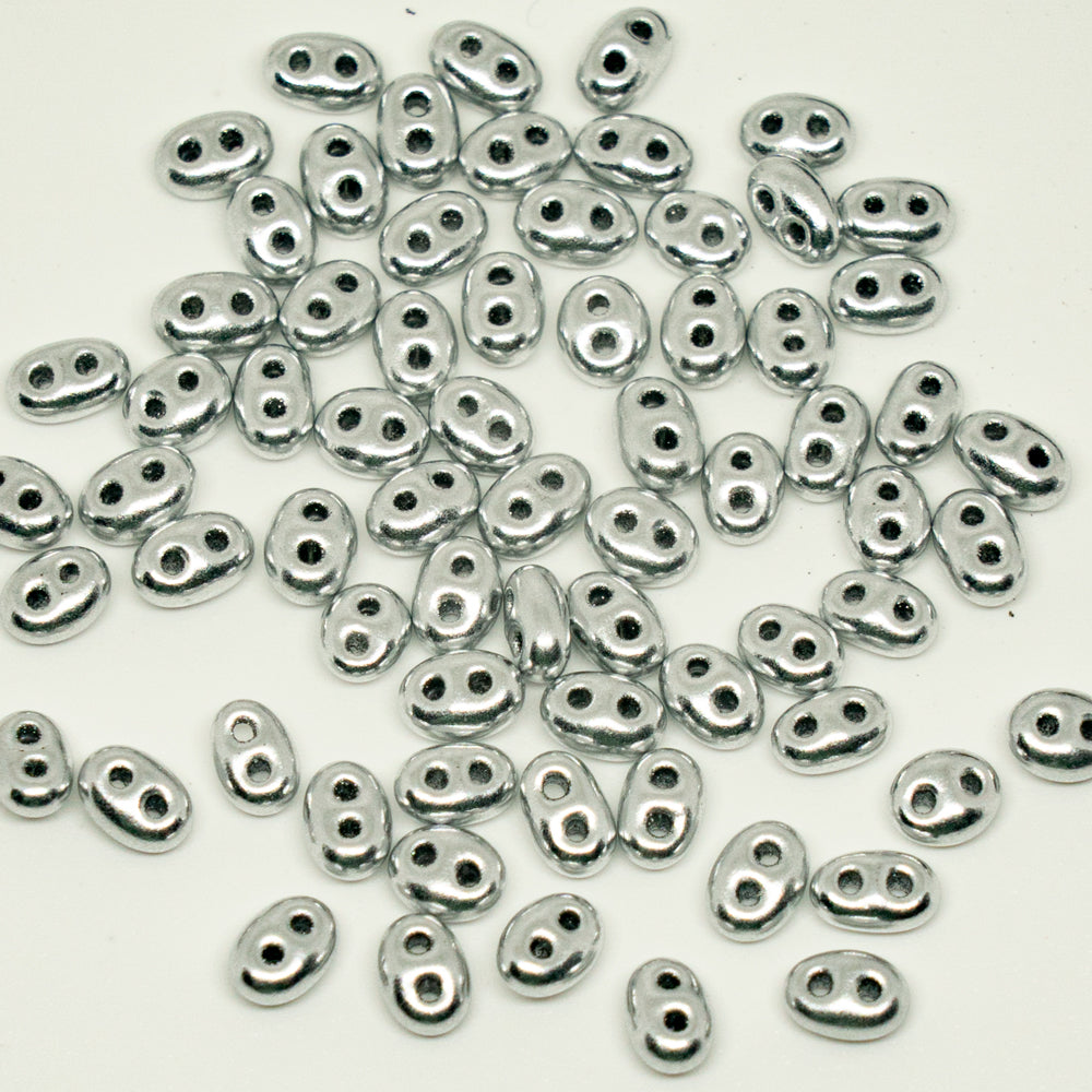 アウトレット 10グラム プレシオサ ツイン2穴ビーズ(スーパーデュオなど)、2.5 x 5 mm、シルバーマット(01700)、ガラス、チェコ共和国