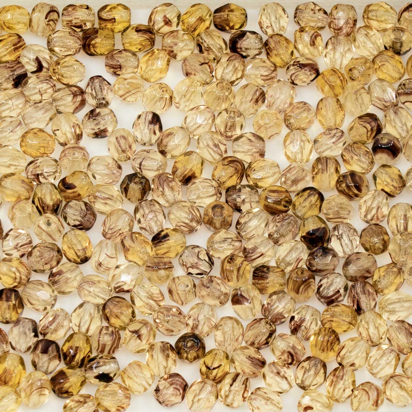 アウトレット 250g ファセットラウンドファイアポリッシュビーズ、4 x 4 mm、トパーズブラウンストライプ(00030-81800)、ガラス、チェコ共和国