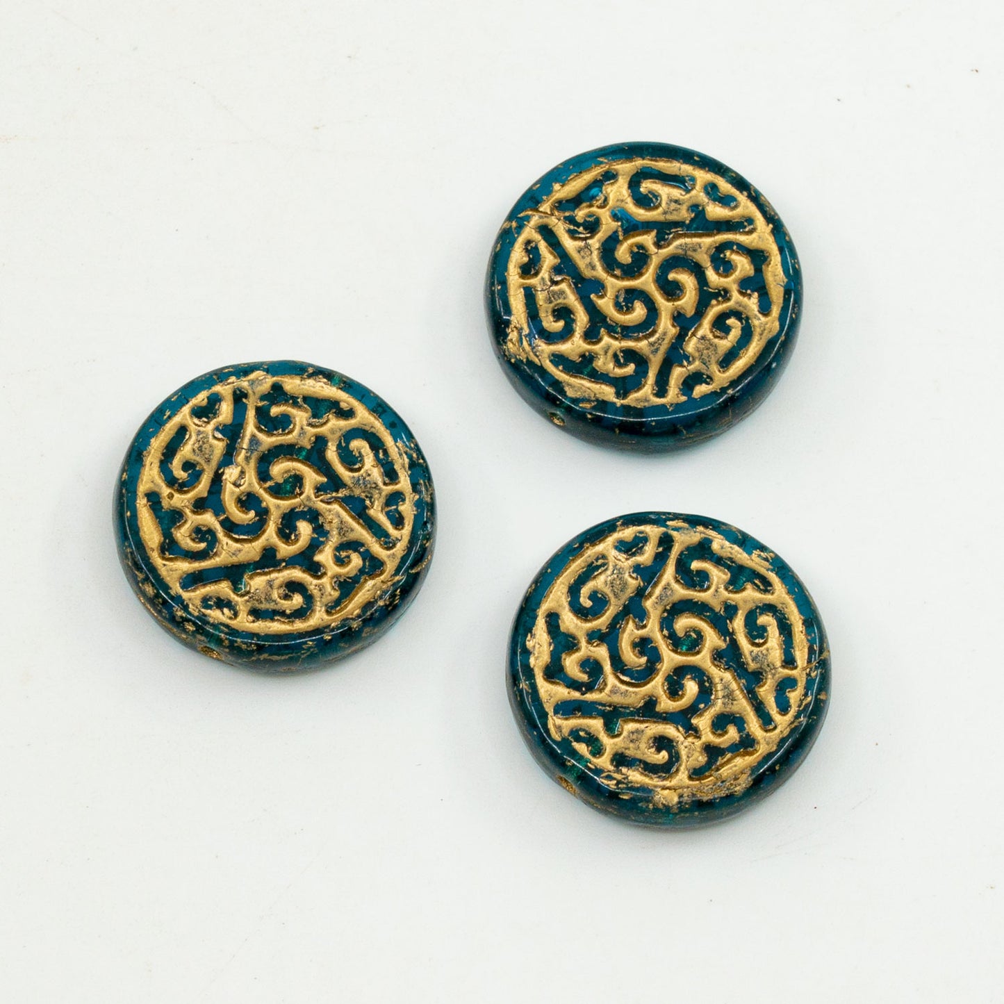 アウトレット 10グラム ラウンドコイン(飾り付き) プレスビーズ 20 x 20 mm 透明アクアゴールドライニング(60020-54302) ガラス製 チェコ共和国