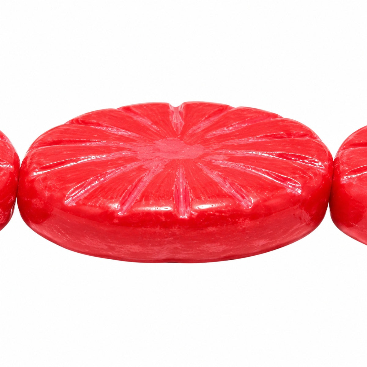 Flat Oval Pressed Glass Beads With Rays, Opaque Red 47590 (93200-47590), Glass, Czech Republic
