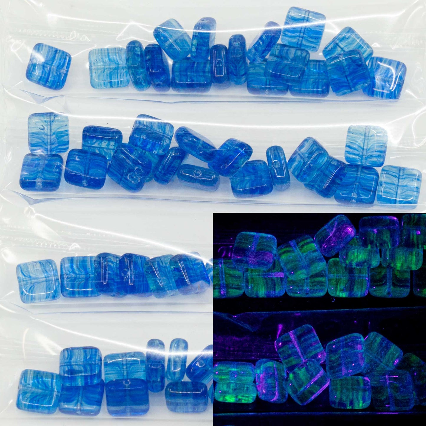 OUTLET 10 克方形压珠,9 x 9 毫米,蓝色条纹(蓝条纹),玻璃,捷克共和国