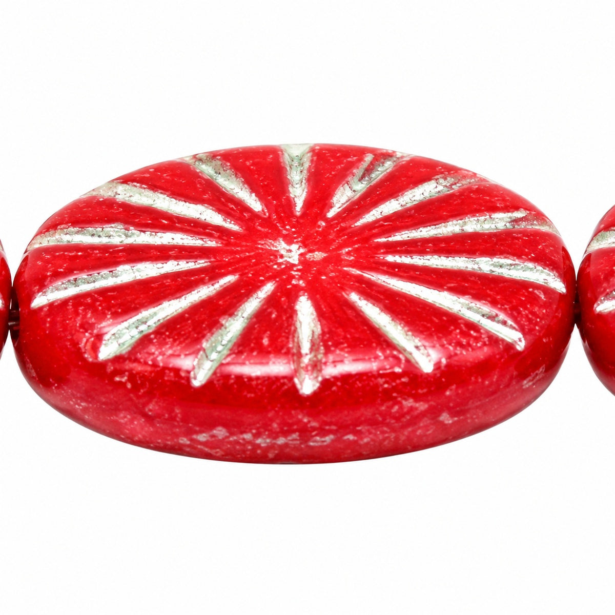 Flat Oval Pressed Glass Beads With Rays, Opaque Red Green Lined (93200-54322), Glass, Czech Republic