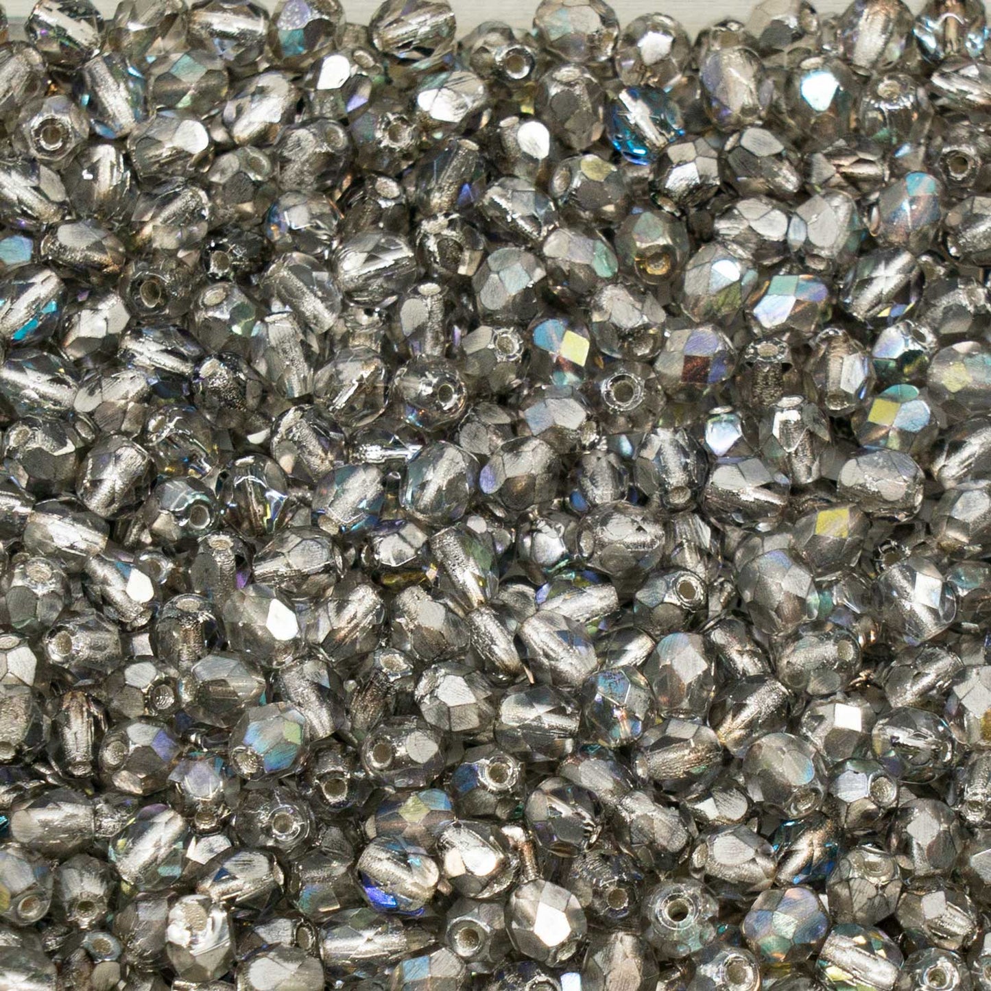 アウトレット ファセットラウンドファイアポリッシュビーズ、4 x 4 mm、クリスタルシルバーライン入りAb(00030-81800-28701)、ガラス、チェコ共和国