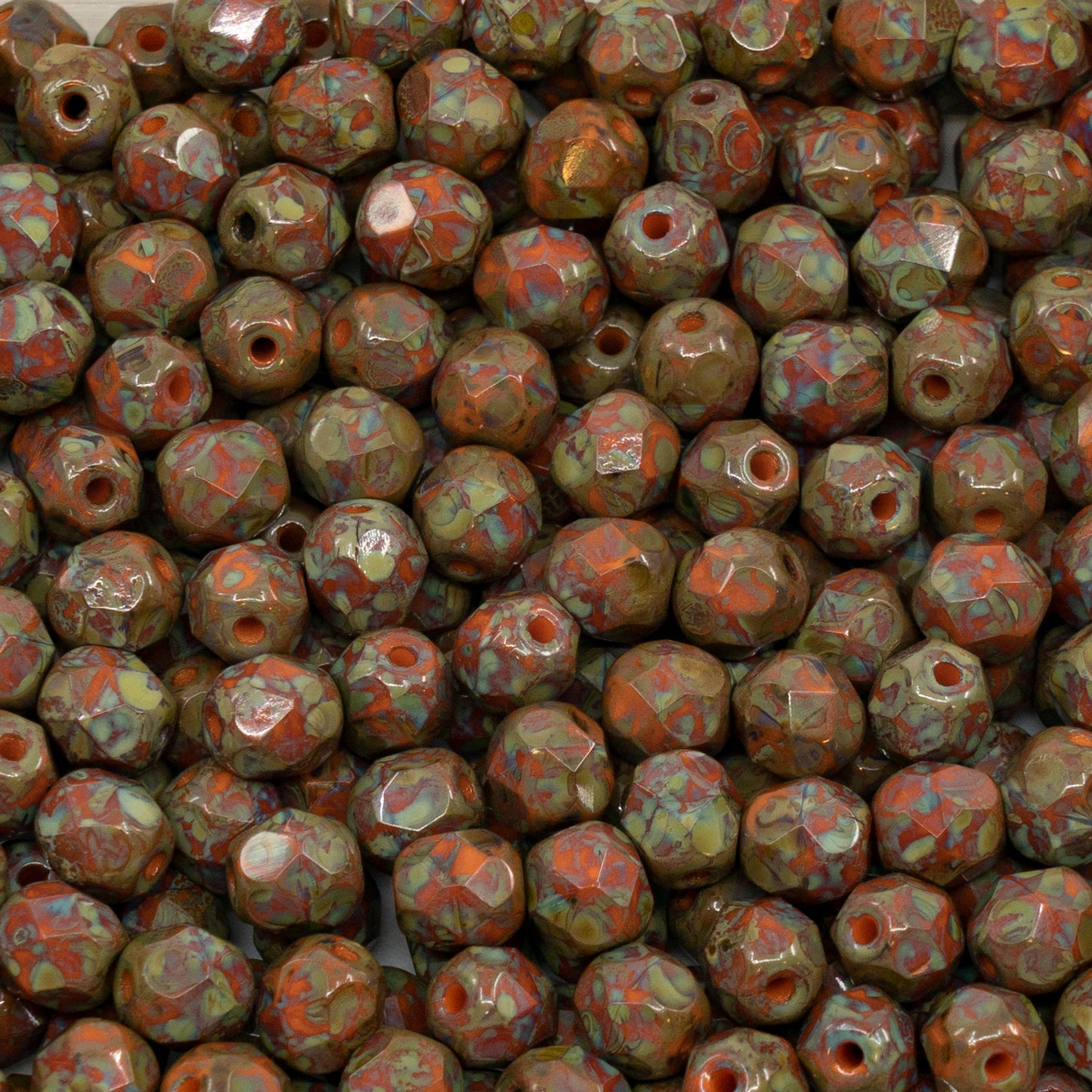 アウトレット(125g/250g)ファセットラウンドファイアポリッシュビーズ、不透明イエロートラバーチン(93120-86800)、ガラス、チェコ共和国