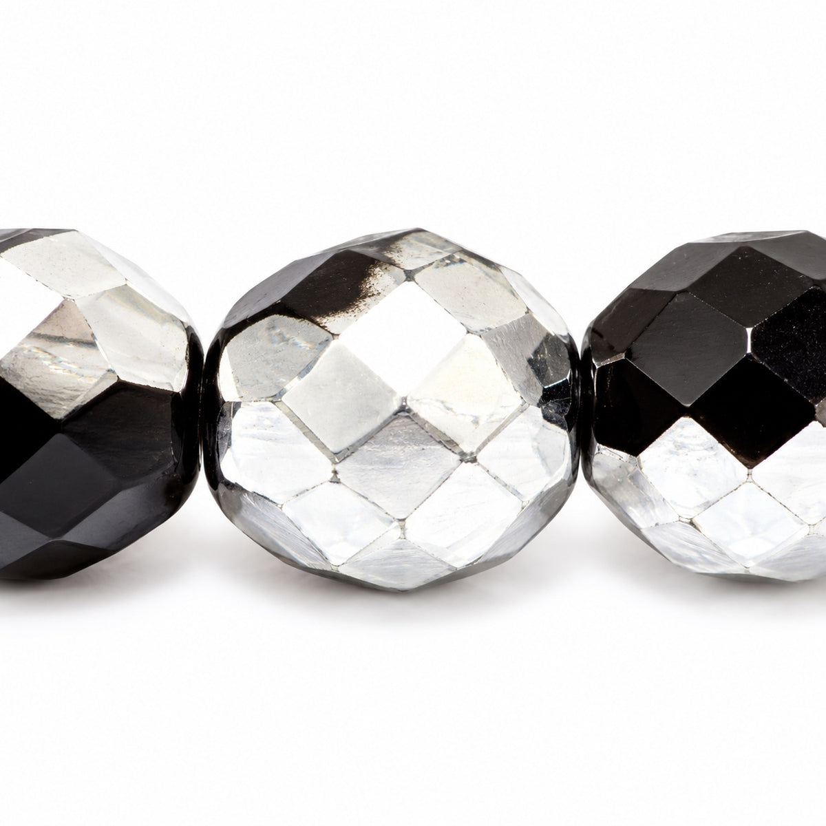 Faceted Round Fire Polished Beads, Black Crystal Silver Half Coating (23980-27001), Glass, Czech Republic