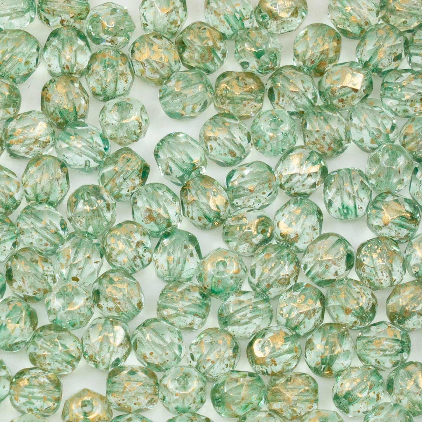 OUTLET 50g Faceted Round Fire Polished Beads, 6 x 6 mm, Green Gold (), Glass, Czech Republic