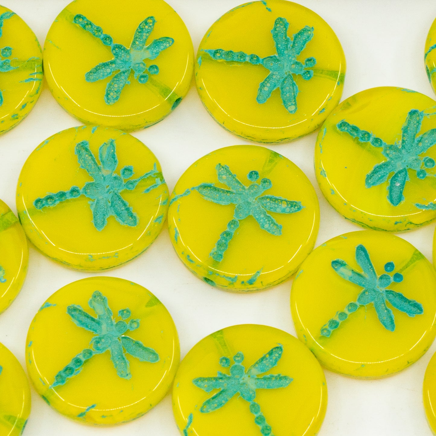 OUTLET 10 grams Round Flat Beads With Dragonfly, 17 x 17 mm, Opal Yellow Teal Lined (81210-54316), Glass, Czech Republic