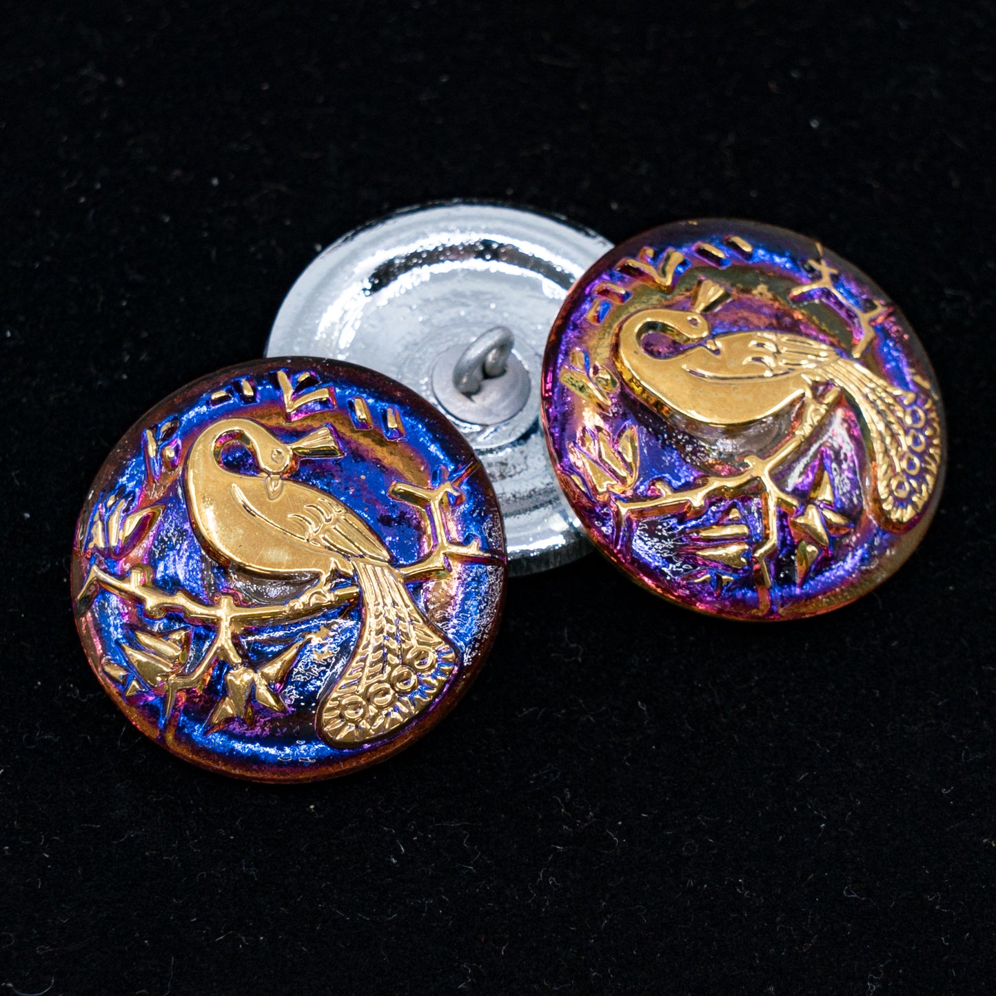 OUTLET 1 pcs Czech Glass Handmade Button, s10 x 22 mm, Peacock Volcano Gold (peacock-volcano-gold), Glass, Czech Republic