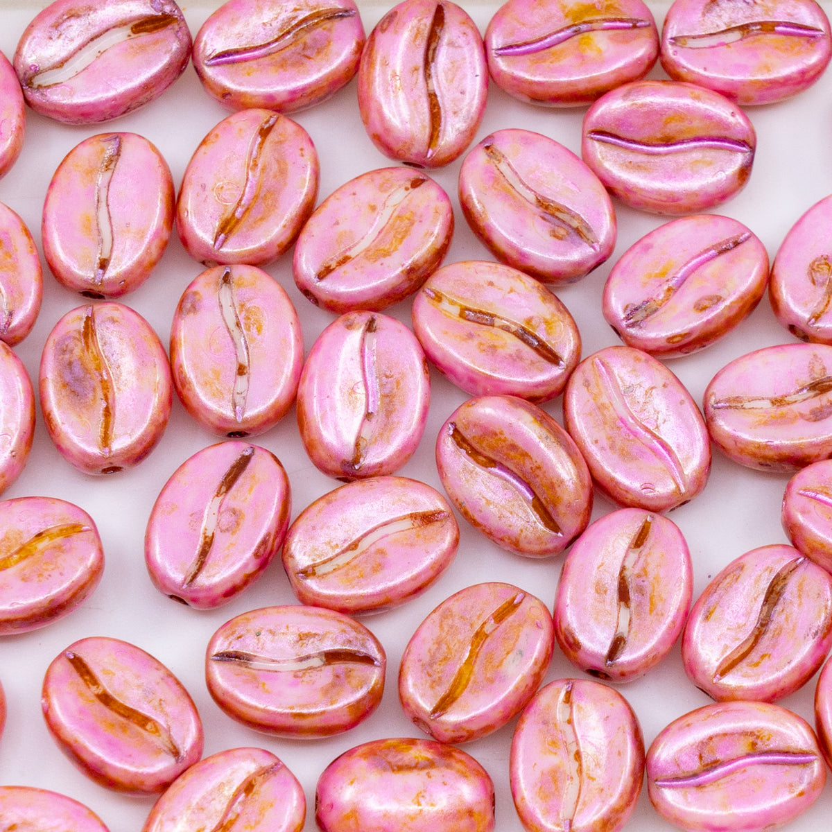 OUTLET 250g/50g Coffee Bean Beads, 11 x 8 mm, White Rose Luster Spotted (02010-65327), Glass, Czech Republic