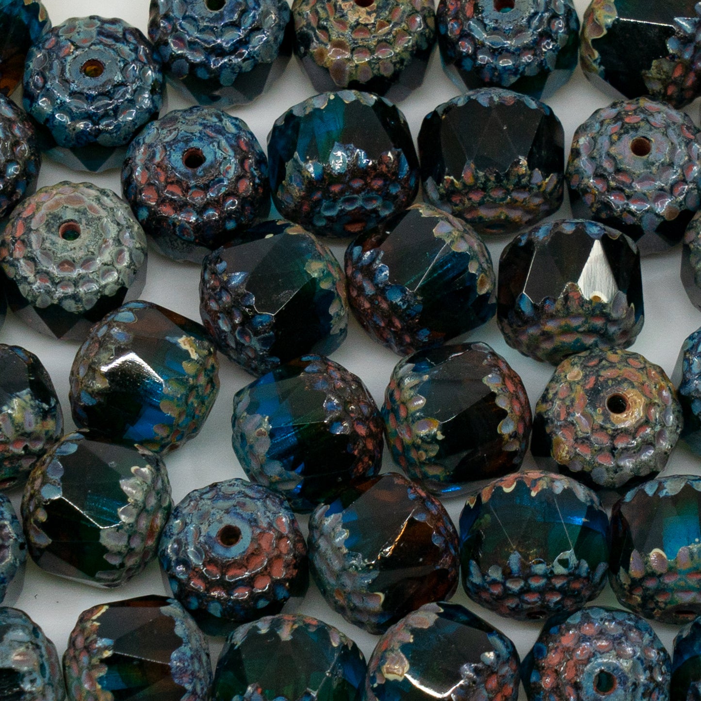 アウトレット 10グラム カテドラルファセットファセットファイアポリッシュビーズ、10 x 10 mm、X2989 ステインストロング (x2989-86805)、ガラス、チェコ共和国