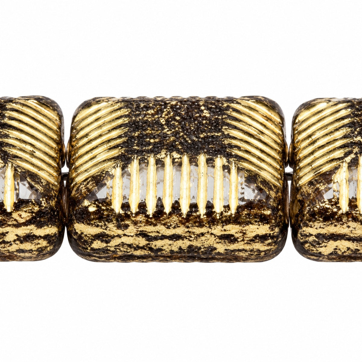 Ribbed Pillow Beads, Black Gold Lined (23980-54202), Glass, Czech Republic