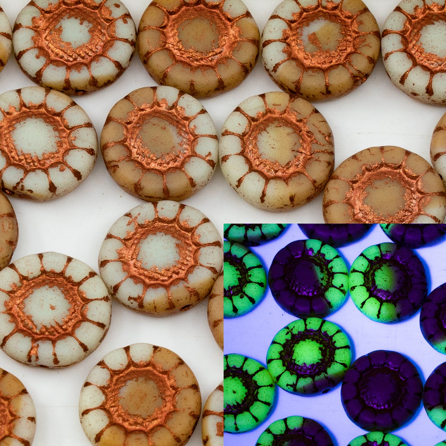 OUTLET 10 grams Pressed Flat Sunflower Beads, 13 x 13 mm, Mixed Yellow Brown Copper Lined, Glass, Czech Republic