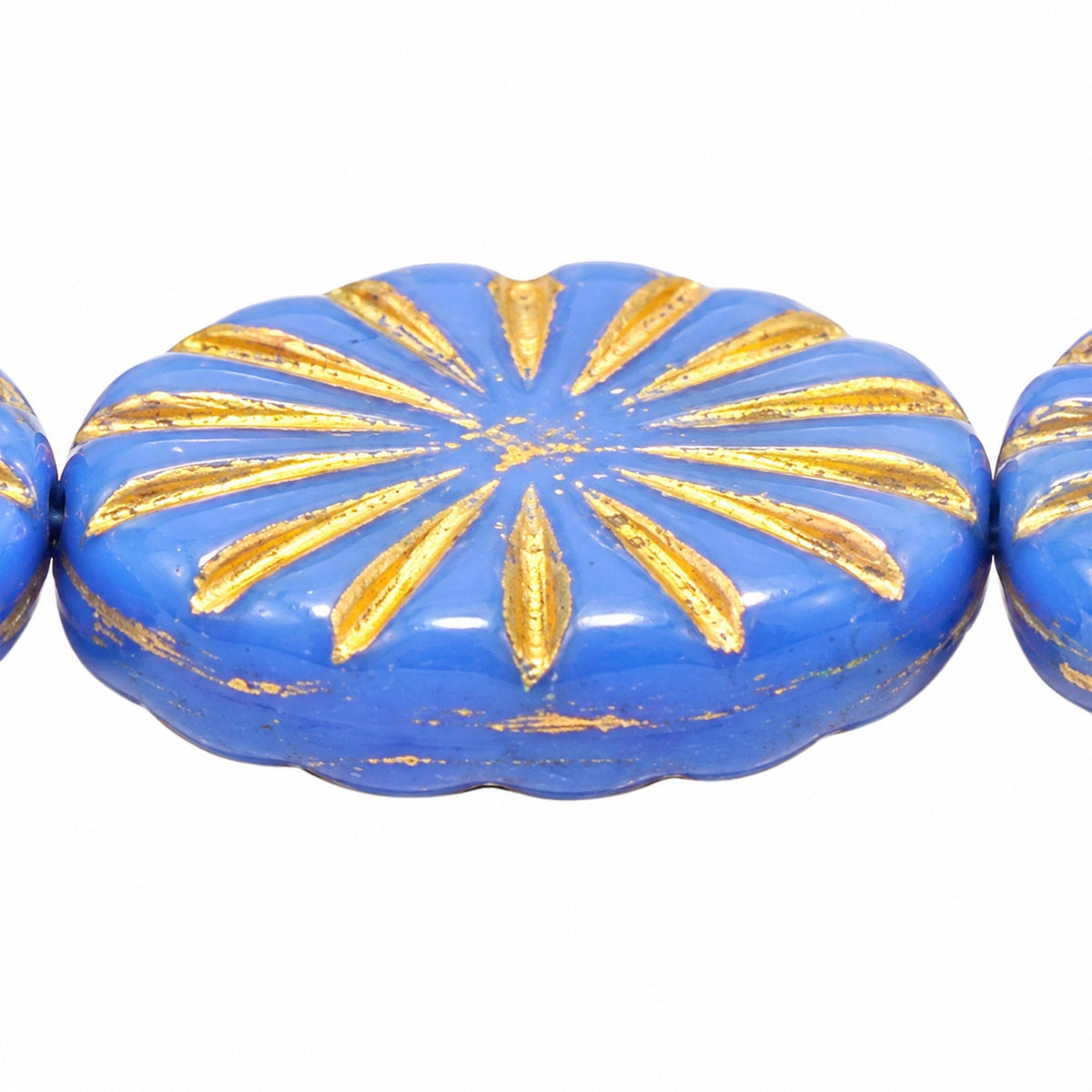 Flat Oval Pressed Glass Beads With Rays, Opaque Blue Gold Lined (33040-54202), Glass, Czech Republic