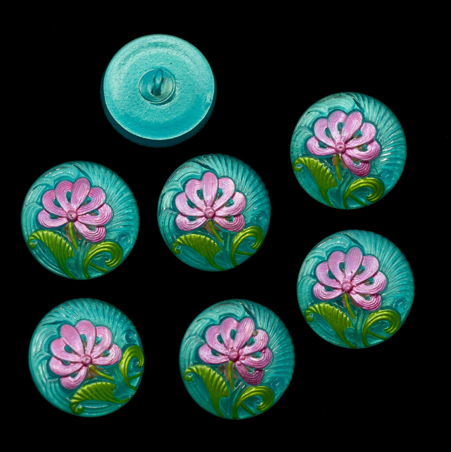 OUTLET 1pc Czech Glass Handmade Button, Size 8 (18 mm), Floral Design - Pink Flower