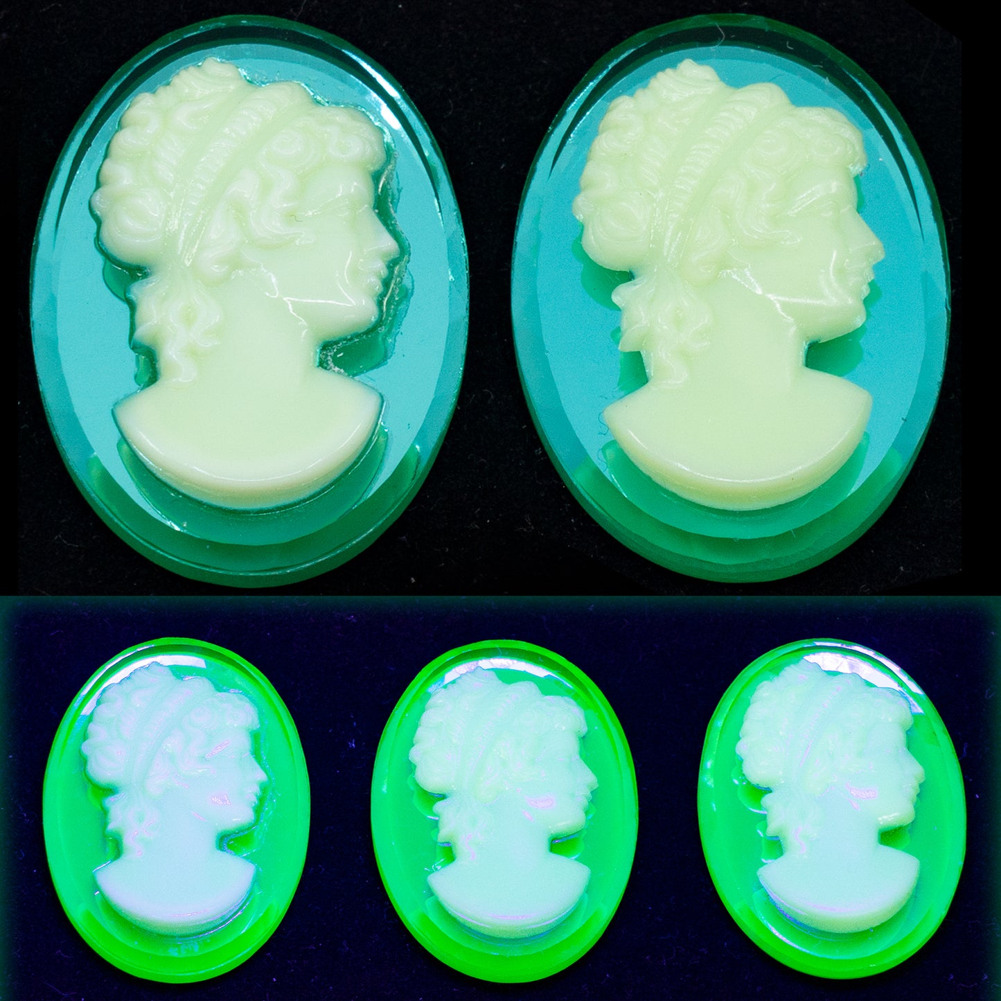 OUTLET 1 pcs Handmade Oval Cameo With Lady Face, 30 x 22 mm, Cameo Uran Green (cameo-uran-green), Glass, Czech Republic