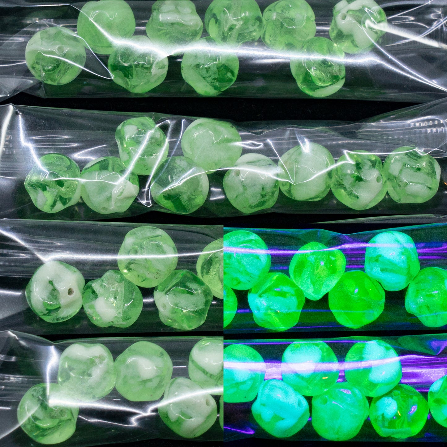 OUTLET 10克半圆形压制珠,9 x 10毫米,绿色夜光条纹 (green-88035),玻璃,捷克共和国
