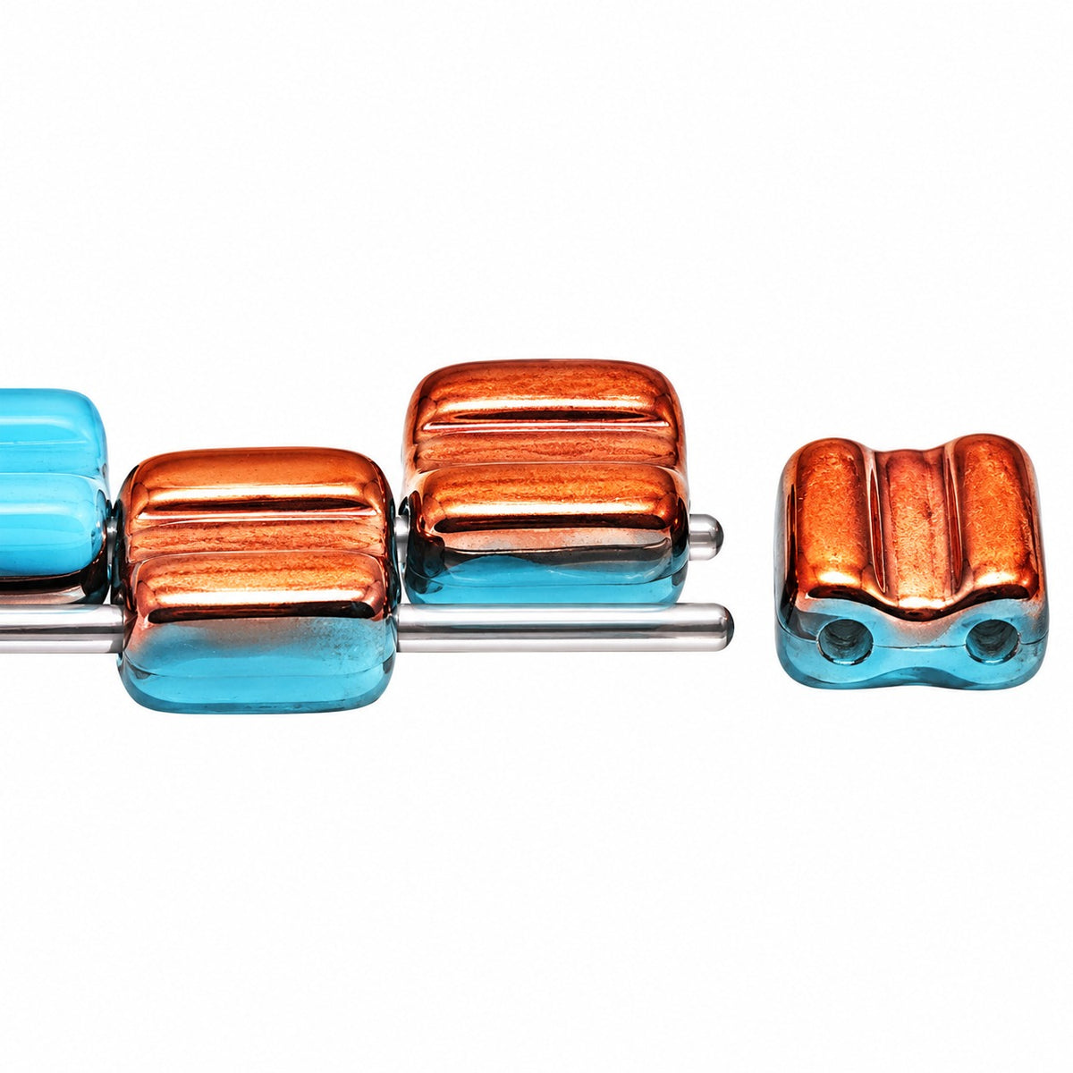 Silky 2-Hole Square Beads, Turquoise Blue Rose Gold Capri (63030-27101), Glass, Czech Republic