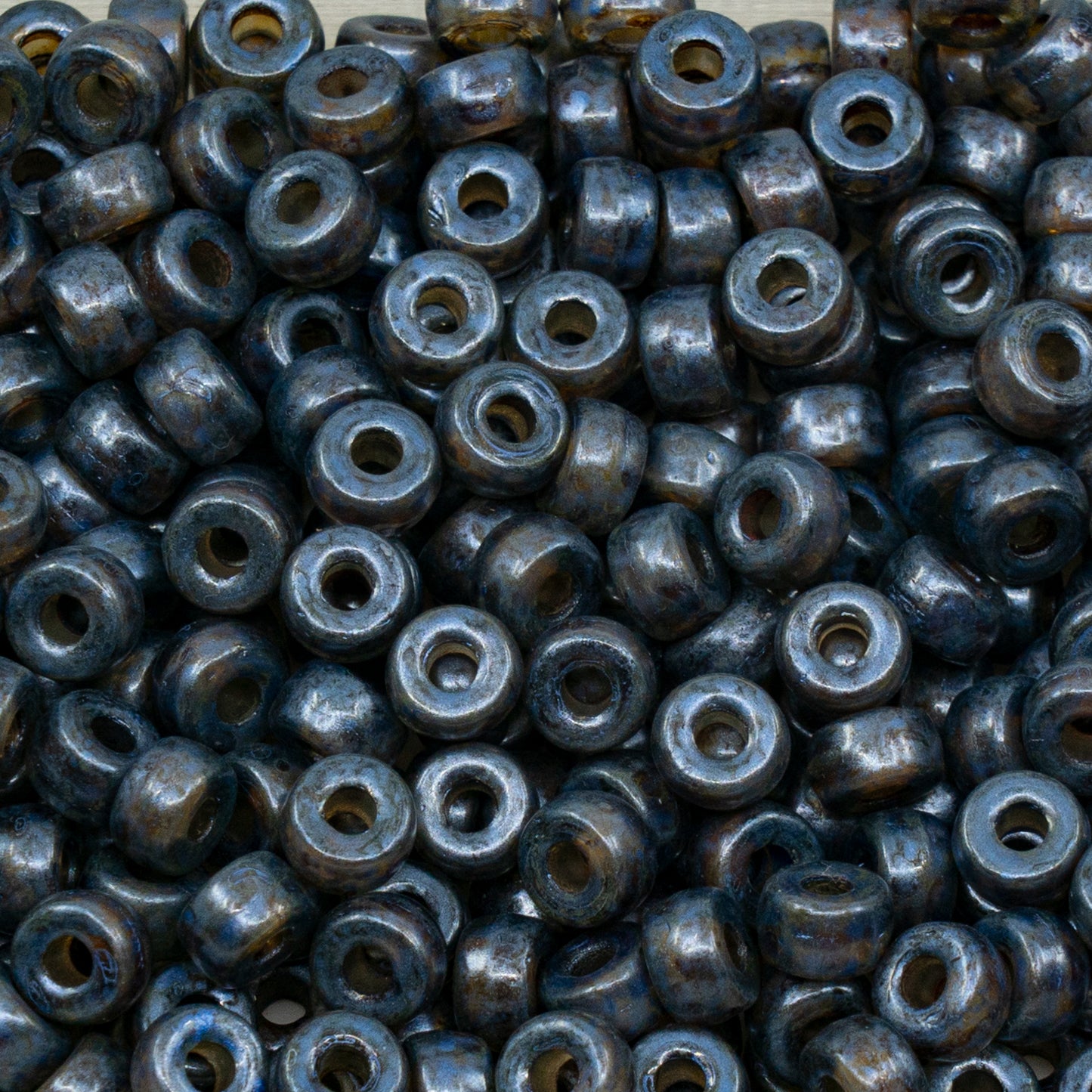 アウトレット 250g ポニーベーグルビーズ(大穴)、6 x 6 mm、クリスタルグリーンラスタースポット(00030-65328)、ガラス、チェコ共和国