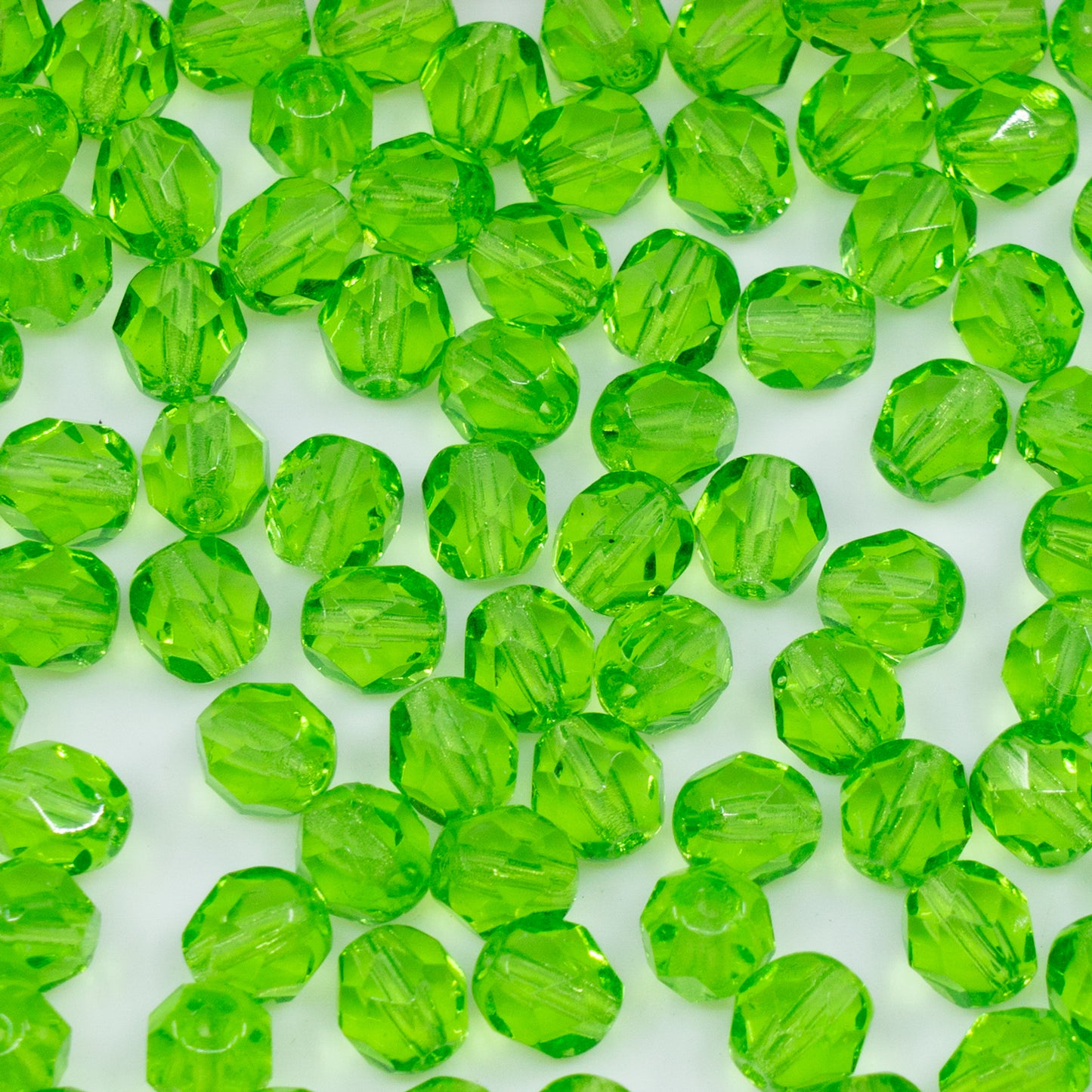 OUTLET 250g/50g Faceted Round Fire Polished Beads, 6 x 6 mm, Transparent Green (50010), Glass, Czech Republic