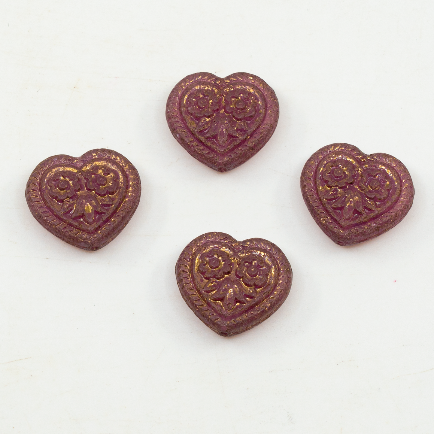 OUTLET 10克 心形民间花卉图案珠子,17 x 17毫米,水晶光泽红色全涂层 (00030-14495),玻璃,捷克共和国