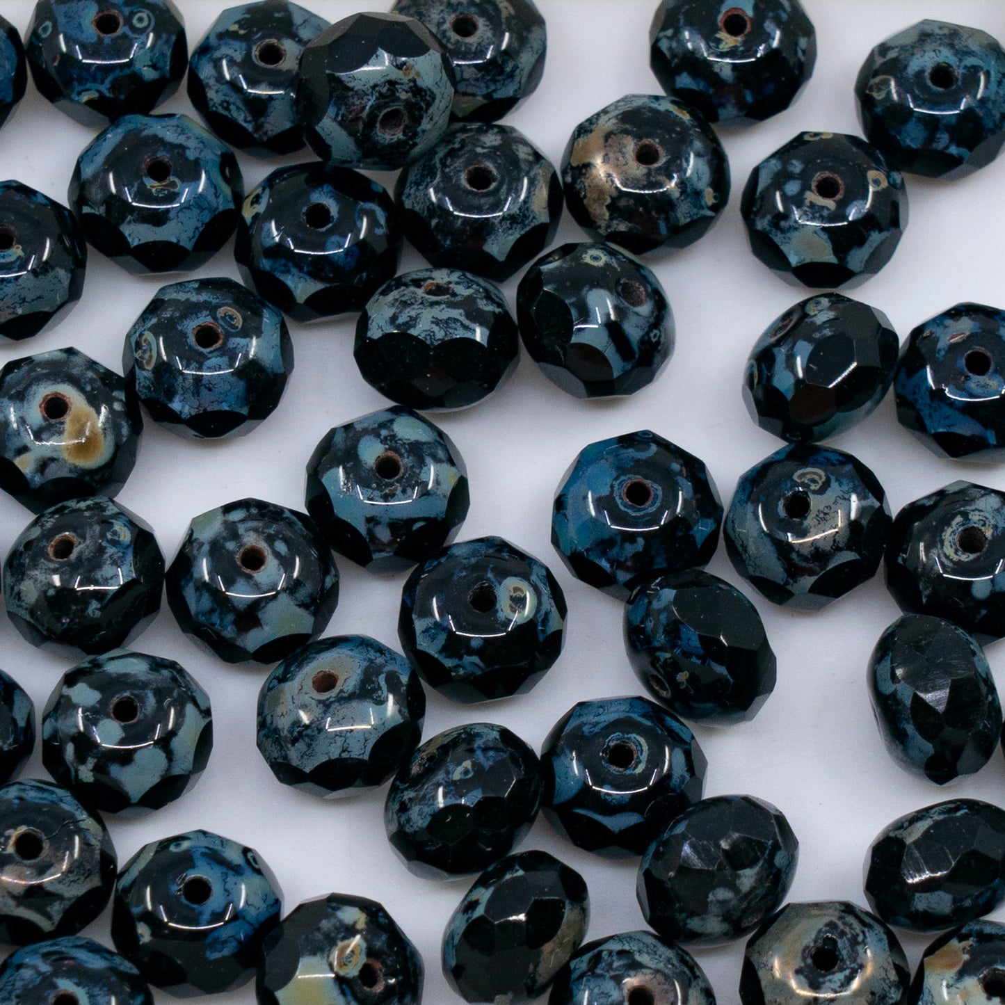 OUTLET 250g/50g Faceted Rondelle Fire Polished Beads, 7 x 9 mm, Black Travertin (23980-86800), Glass, Czech Republic