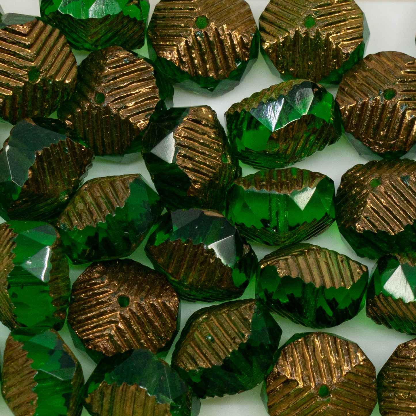 アウトレット 10グラム ファセット加工スペシャルロンデルビーズ ファイアポリッシュ 10 x 14 mm 透明グリーンブロンズ (50110-14415) ガラス チェコ共和国
