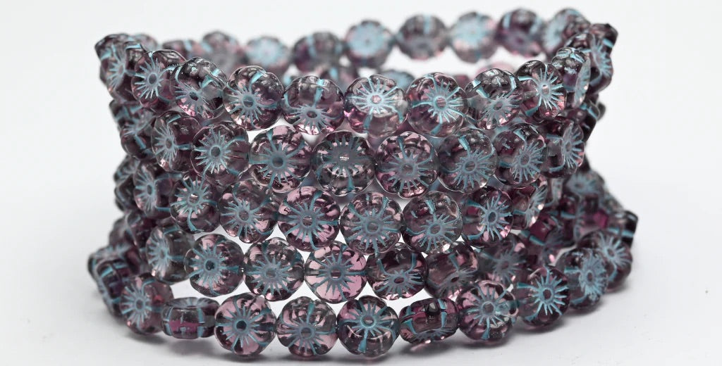 OUTLET 150 pcs Hawaiian Flower Beads, 8 x 8 mm, Transparent Light Amethyst Transparent Amethyst Light Blue Lined (20020-20080-54308), Glass, Czech Republic